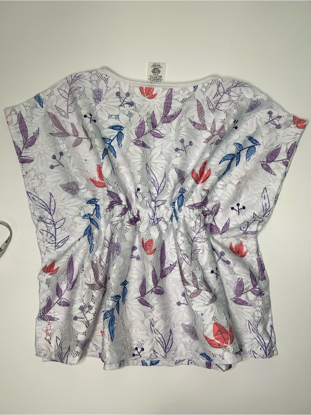 Disney White Eyelet Top with Purple, Blue & Coral Floral Accents Kaftan sleeves - Picture 7 of 9